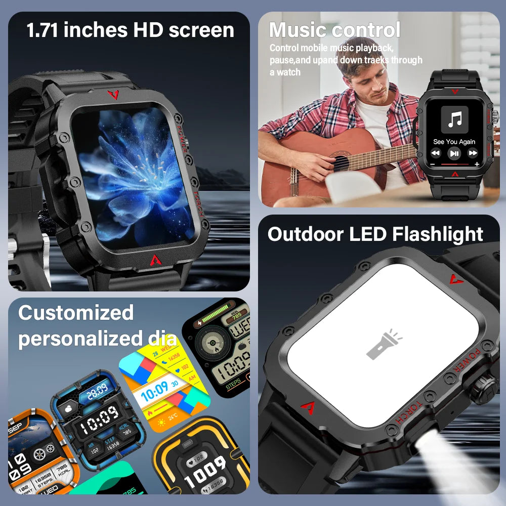 New Outdoor Military Smartwatch Bluetooth Talking Smartwatch 1.73 Inch LED Sports Fitness Watch