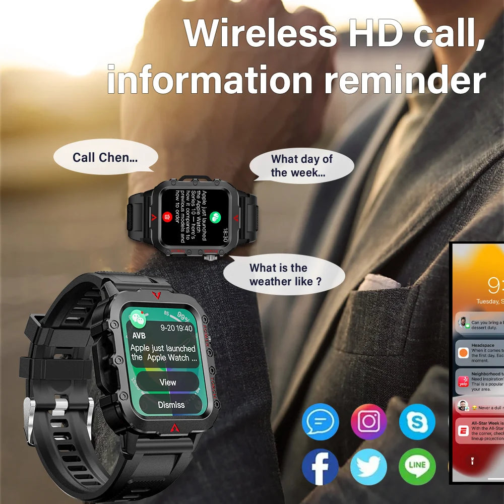 New Outdoor Military Smartwatch Bluetooth Talking Smartwatch 1.73 Inch LED Sports Fitness Watch
